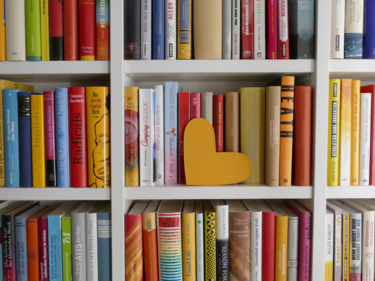 bookshelf with books and heart in middle
