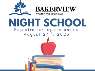 Bakerview night school with apple and textbooks